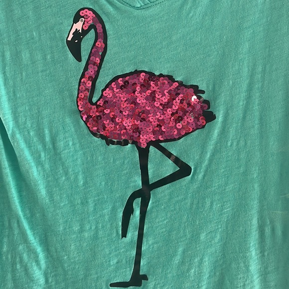 EUC New York and Company Soho jeans flamingo turquoise and pink V-neck T-shirt - Picture 3 of 4